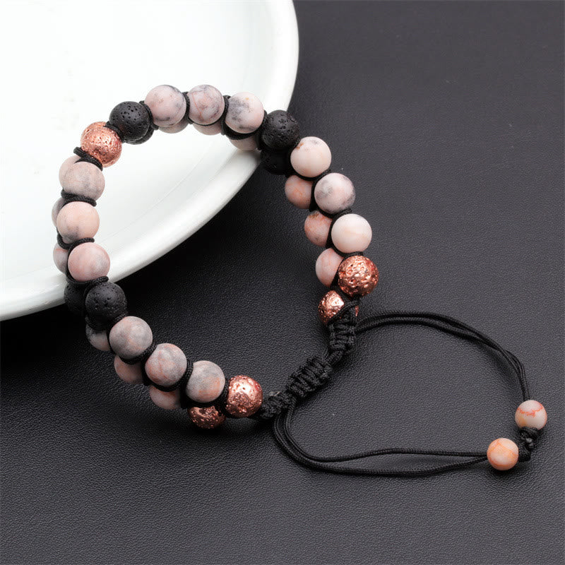 Olivenorma Bracciale intrecciato a 2 strati in pietra lavica rosa e diaspro zebrato 