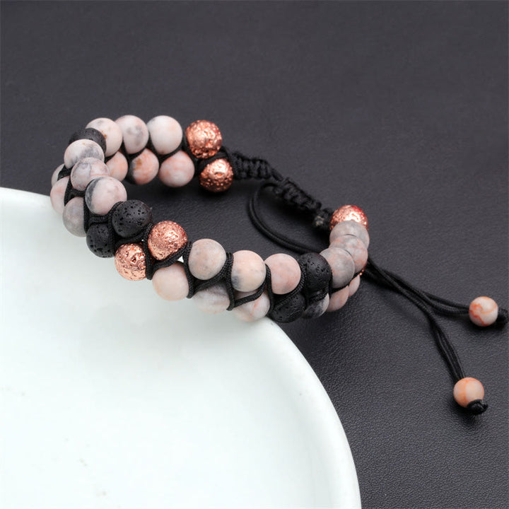 Olivenorma Bracciale intrecciato a 2 strati in pietra lavica rosa e diaspro zebrato 