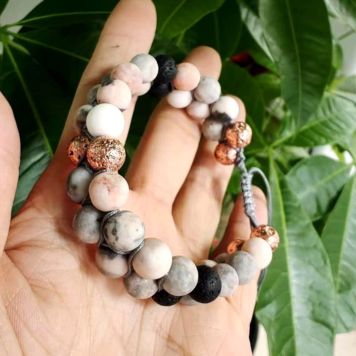 Olivenorma Bracciale intrecciato a 2 strati in pietra lavica rosa e diaspro zebrato 