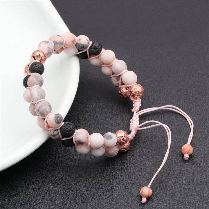Olivenorma Bracciale intrecciato a 2 strati in pietra lavica rosa e diaspro zebrato 