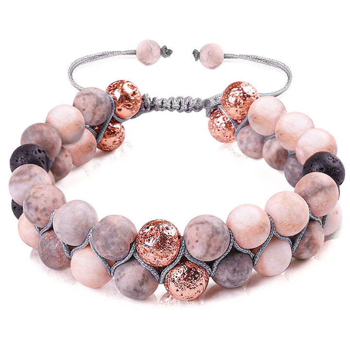 Olivenorma Bracciale intrecciato a 2 strati in pietra lavica rosa e diaspro zebrato 