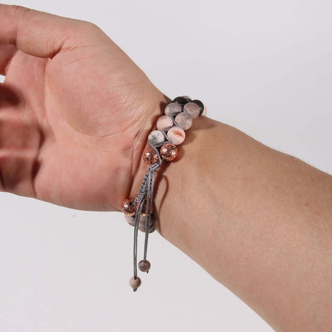 Olivenorma Bracciale intrecciato a 2 strati in pietra lavica rosa e diaspro zebrato 