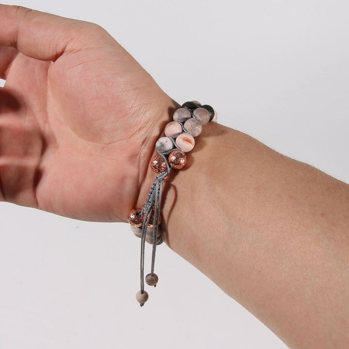 Olivenorma Bracciale intrecciato a 2 strati in pietra lavica rosa e diaspro zebrato 