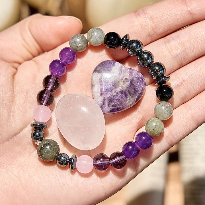 Bracciale di perline in labradorite, ametista, quarzo rosa ematite Olivenorma