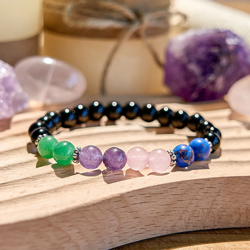 Bracciale Olivenorma con perline in ossidiana, lapislazzuli e quarzo rosa