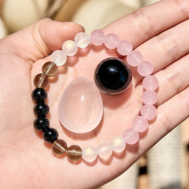 Bracciale Olivenorma con perline in quarzo rosa, ossidiana e pietra di luna