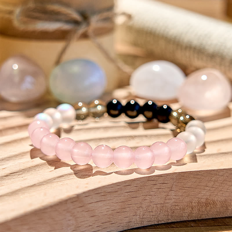 Bracciale Olivenorma con perline in quarzo rosa, ossidiana e pietra di luna