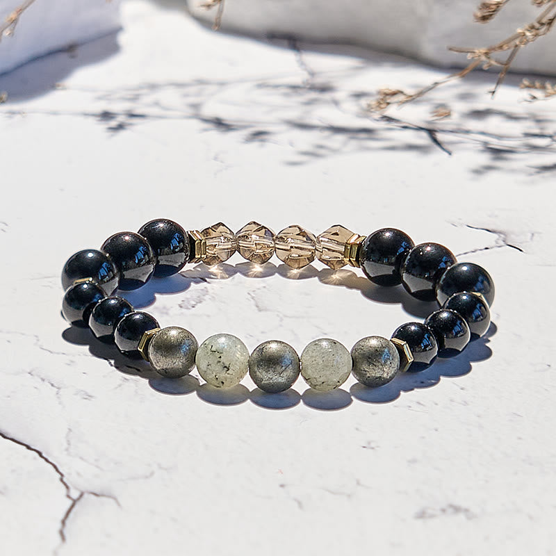 Bracciale in perline di quarzo fumé di ossidiana e labradorite Olivenorma