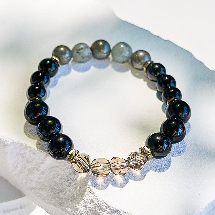 Bracciale in perline di quarzo fumé di ossidiana e labradorite Olivenorma