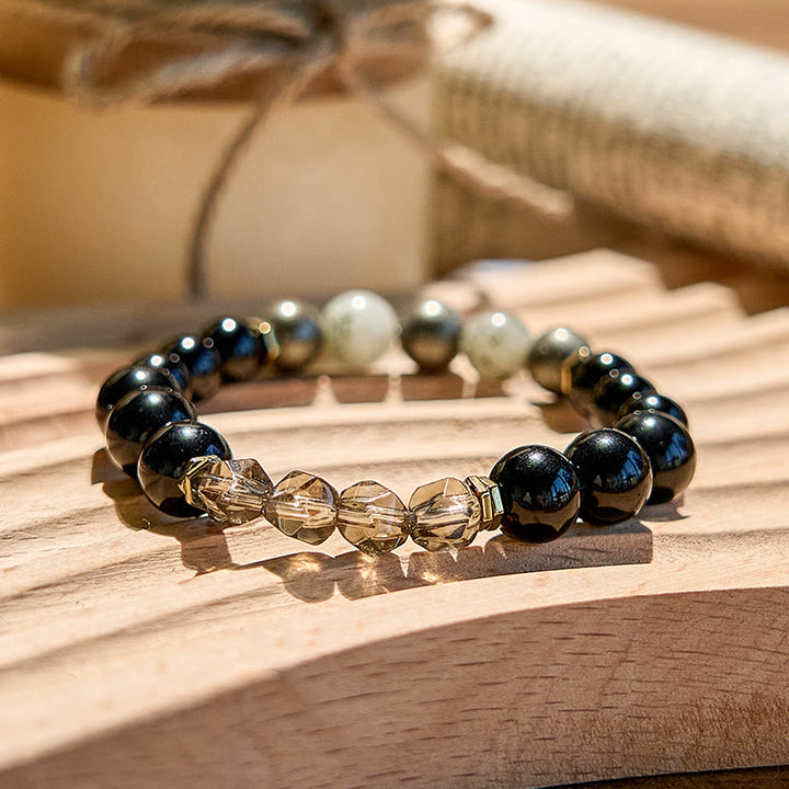 Bracciale in perline di quarzo fumé di ossidiana e labradorite Olivenorma