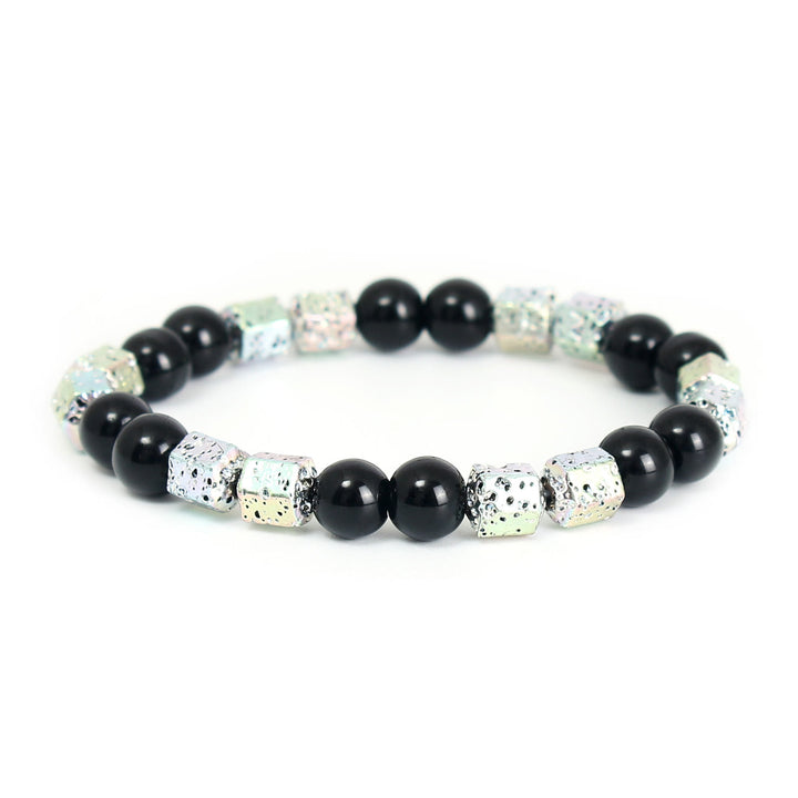 Bracciale di perline in pietra lavica e ematite elettroplaccata Olivenorma con onice nero