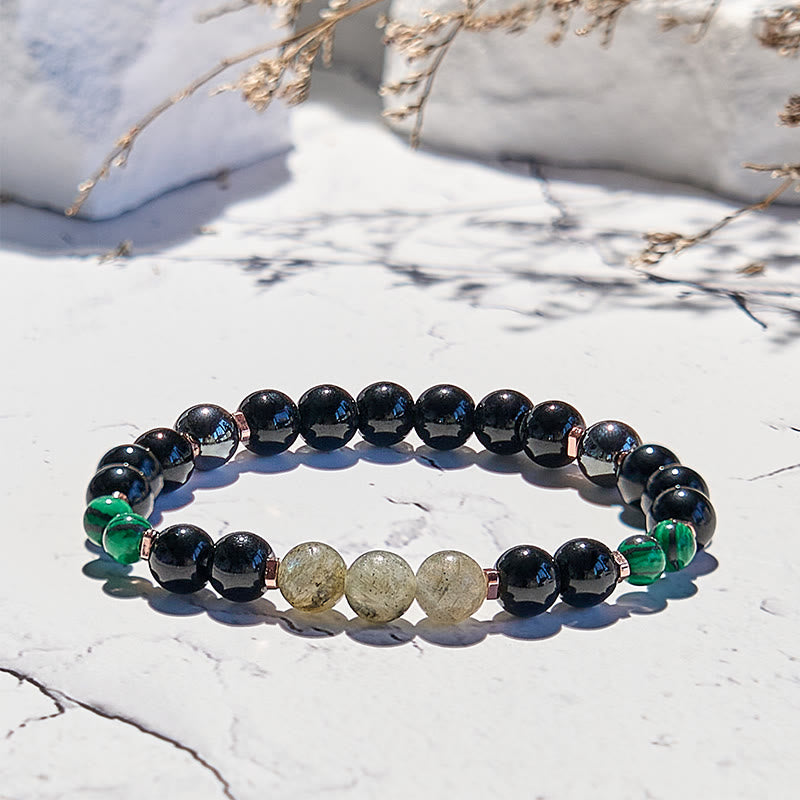 Bracciale Olivenorma con perline in onice nero, ematite, labradorite, malachite