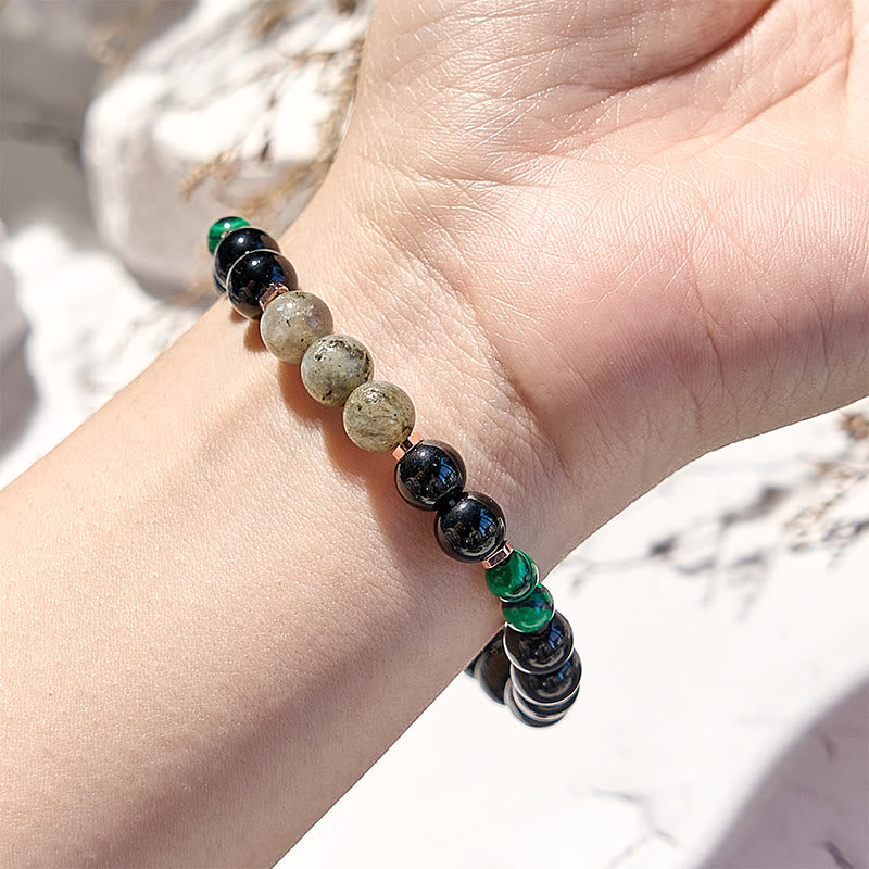 Bracciale Olivenorma con perline in onice nero, ematite, labradorite, malachite