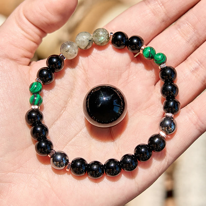 Bracciale Olivenorma con perline in onice nero, ematite, labradorite, malachite