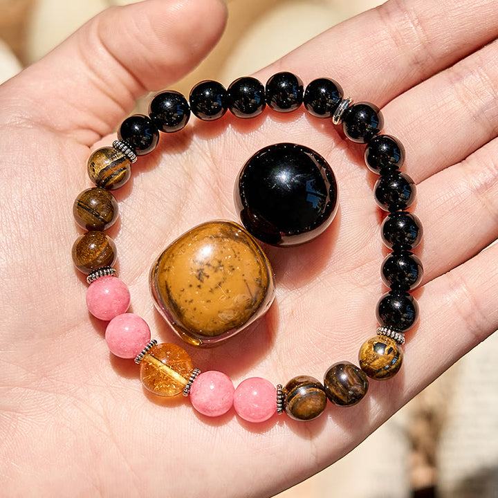 Bracciale Olivenorma in ossidiana, occhio di tigre, rodonite e perline
