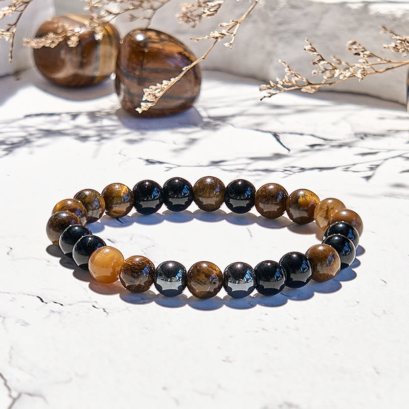 Bracciale Olivenorma in perline di ossidiana con occhio di tigre da 8 mm
