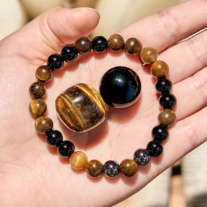 Bracciale Olivenorma in perline di ossidiana con occhio di tigre da 8 mm