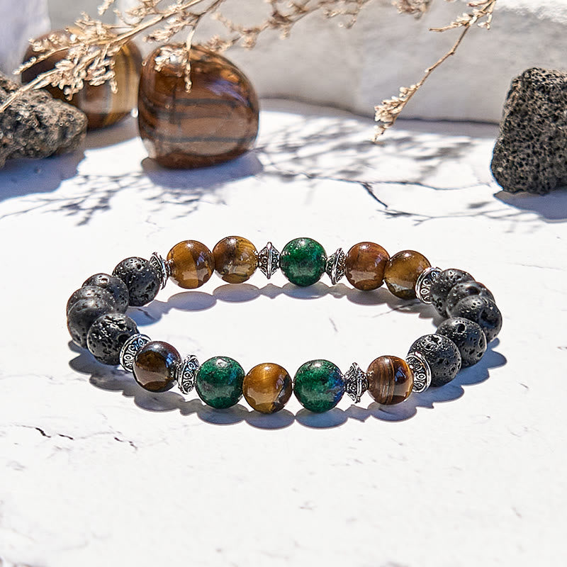 Bracciale di perline in pietra lavica e occhio di tigre turchese africano Olivenorma