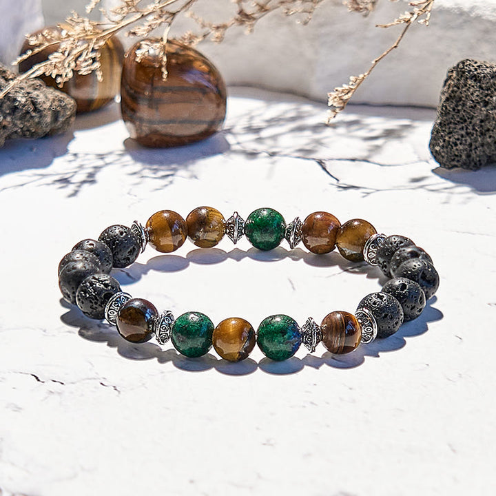 Bracciale di perline in pietra lavica e occhio di tigre turchese africano Olivenorma
