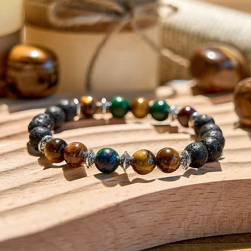 Bracciale di perline in pietra lavica e occhio di tigre turchese africano Olivenorma