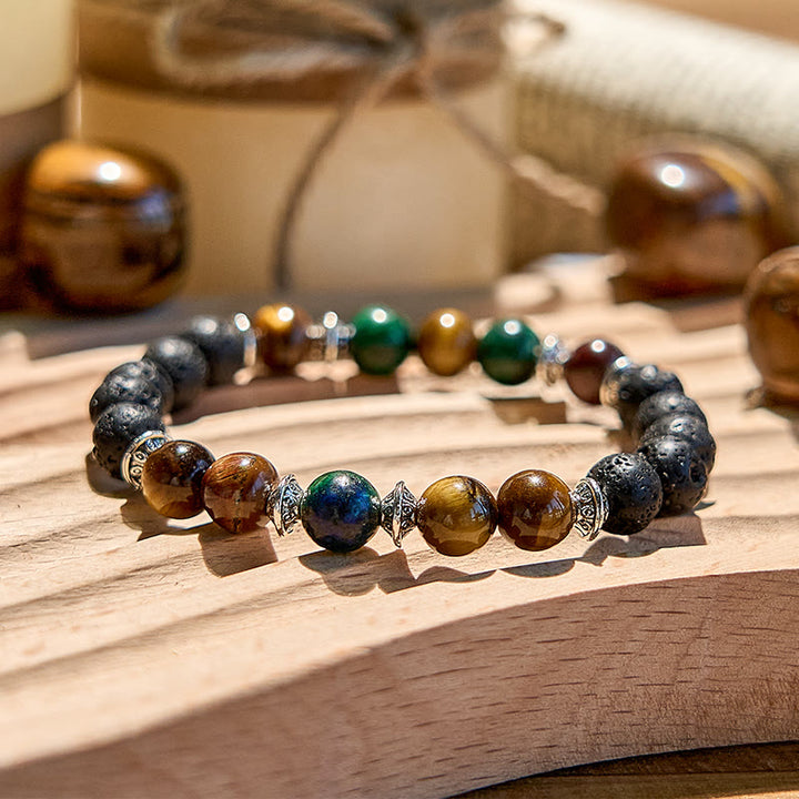 Bracciale di perline in pietra lavica e occhio di tigre turchese africano Olivenorma