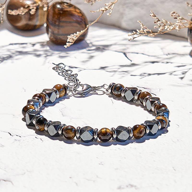 Bracciale Olivenorma con perline in occhio di tigre, ematite e diamanti