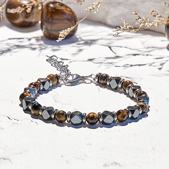 Bracciale Olivenorma con perline in occhio di tigre, ematite e diamanti