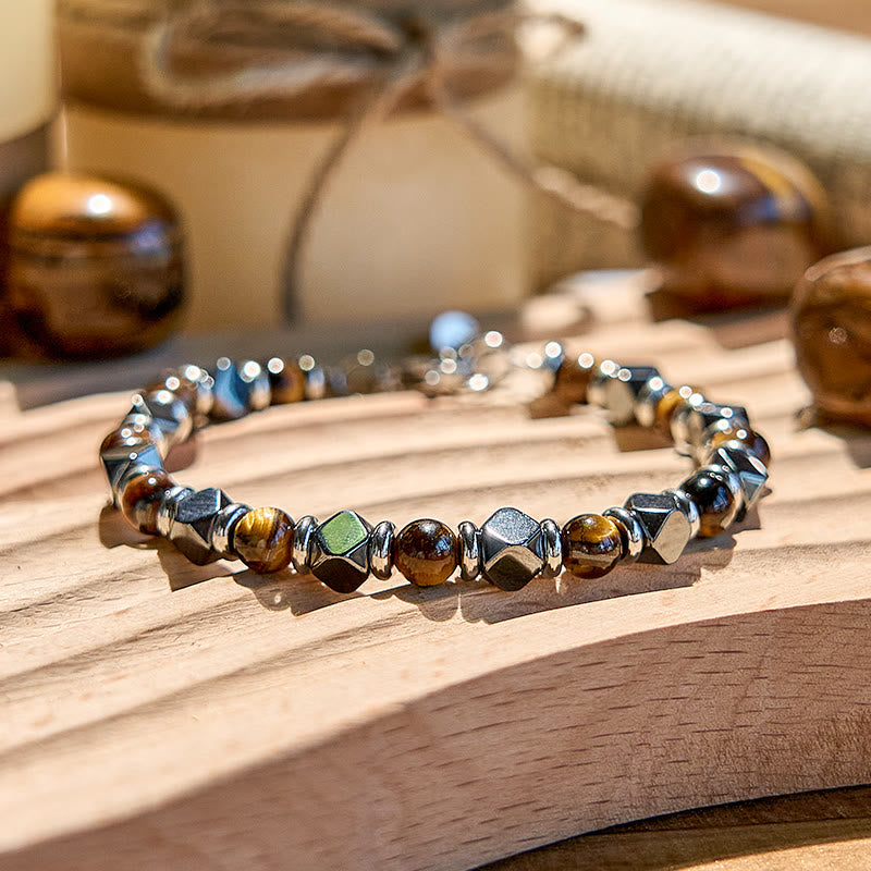 Bracciale Olivenorma con perline in occhio di tigre, ematite e diamanti