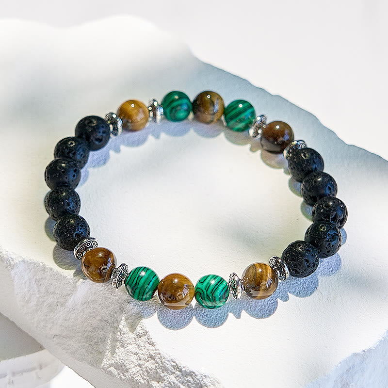 Braccialetto di perline in pietra lavica, malachite e occhio di tigre Olivenorma