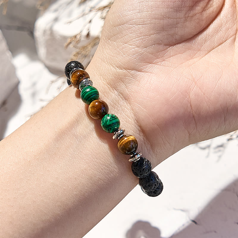 Braccialetto di perline in pietra lavica, malachite e occhio di tigre Olivenorma
