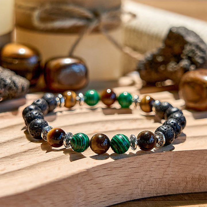 Braccialetto di perline in pietra lavica, malachite e occhio di tigre Olivenorma