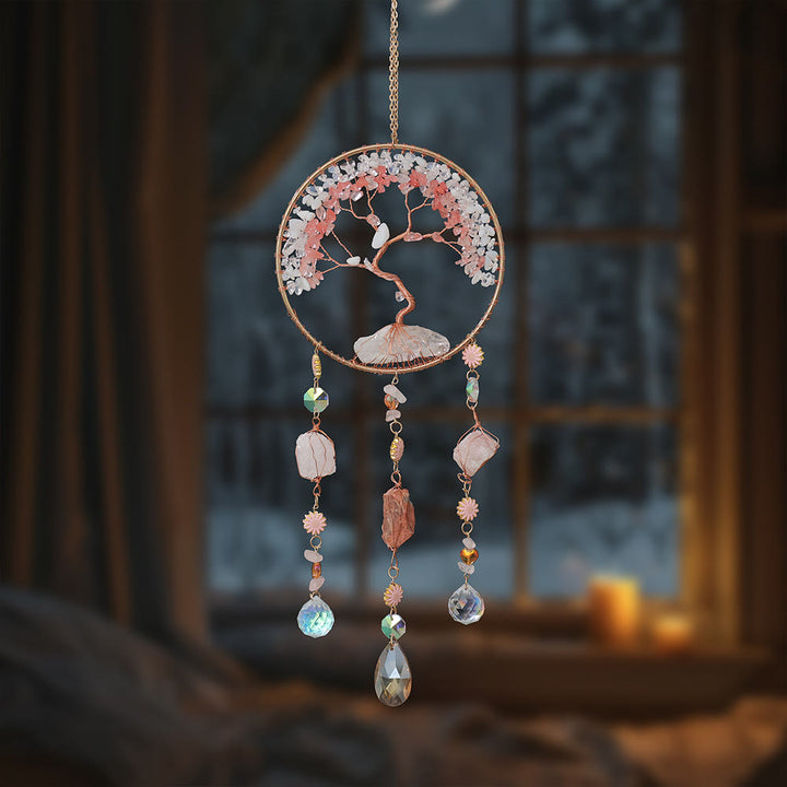 Olivenorma Strawberry Quartz Opalite Albero della vita Campanello a vento