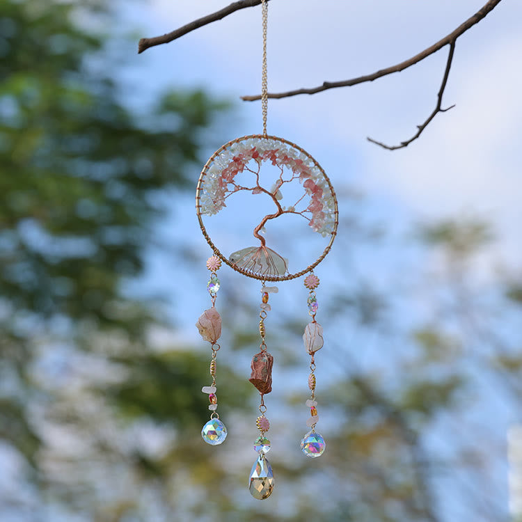 Olivenorma Strawberry Quartz Opalite Albero della vita Campanello a vento