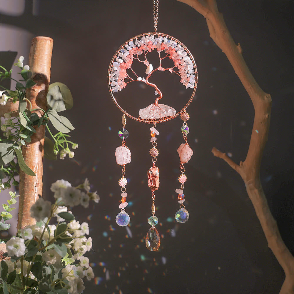Olivenorma Strawberry Quartz Opalite Albero della vita Campanello a vento
