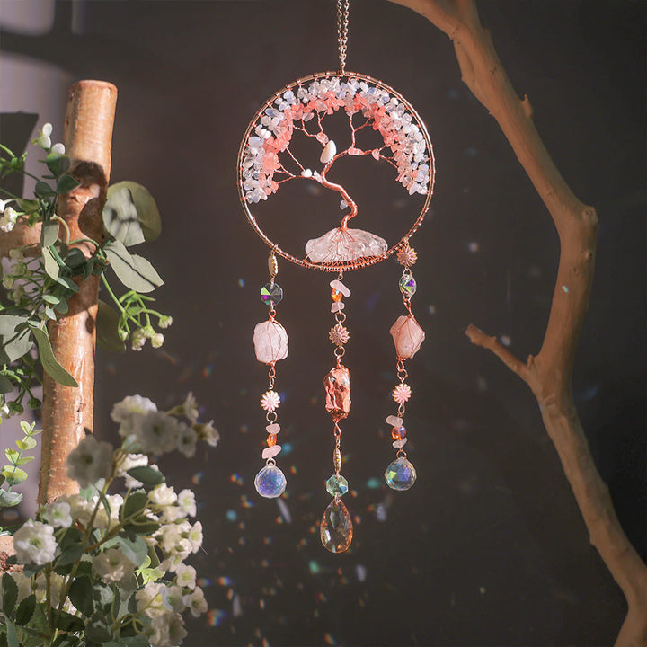 Olivenorma Strawberry Quartz Opalite Albero della vita Campanello a vento
