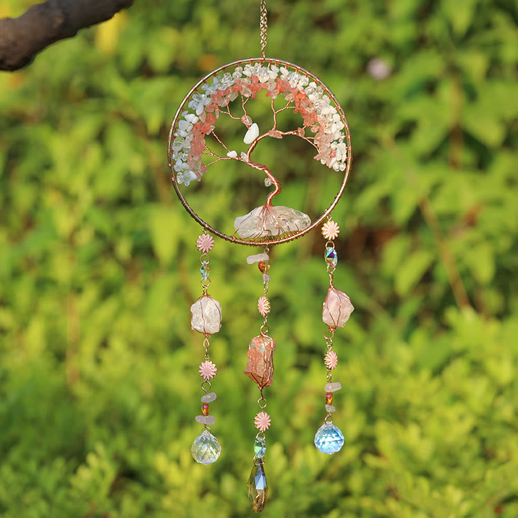Olivenorma Strawberry Quartz Opalite Albero della vita Campanello a vento