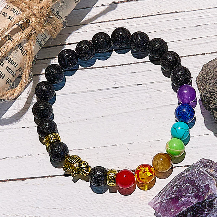 Bracciale con perline con ciondolo elefante Chakra in pietra lavica Olivenorma 