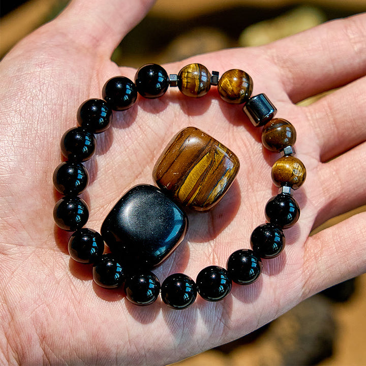 Braccialetto di perline in ematite, occhio di tigre e ossidiana Olivenorma 