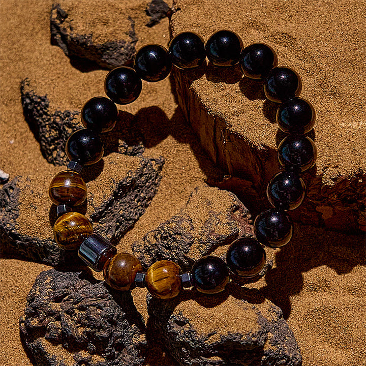 Braccialetto di perline in ematite, occhio di tigre e ossidiana Olivenorma 