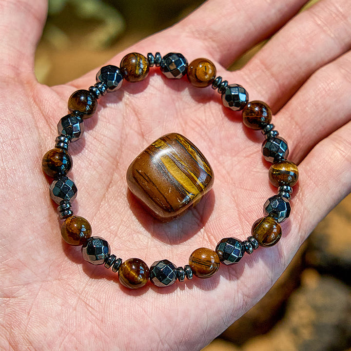 Olivenorma 2 pezzi Braccialetto di perline in ossidiana e ematite occhio di tigre 
