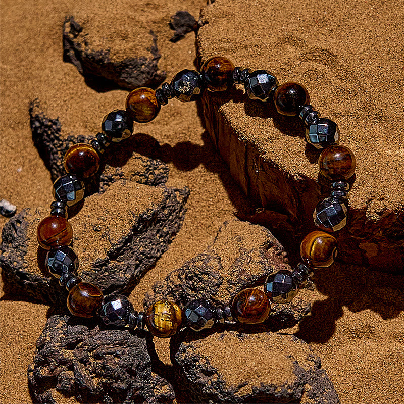 Olivenorma 2 pezzi Braccialetto di perline in ossidiana e ematite occhio di tigre 