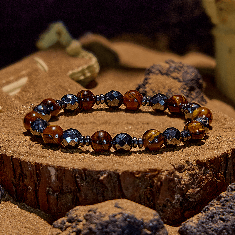 Olivenorma 2 pezzi Braccialetto di perline in ossidiana e ematite occhio di tigre 
