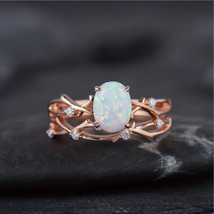 Olivenorma Anello di guarigione con ramoscello di opale di fuoco bianco vintage