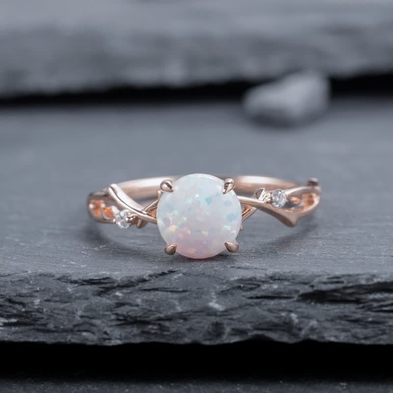Olivenorma Anello di guarigione con ramoscello di opale di fuoco bianco vintage