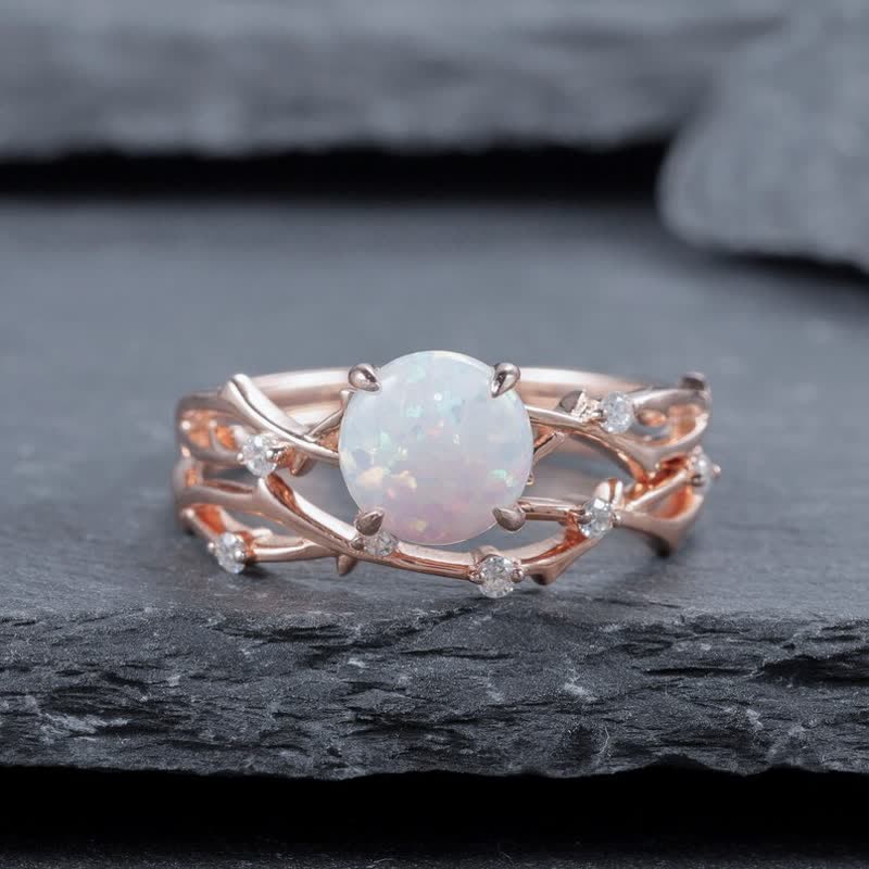 Olivenorma Anello di guarigione con ramoscello di opale di fuoco bianco vintage