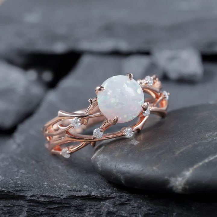 Olivenorma Anello di guarigione con ramoscello di opale di fuoco bianco vintage