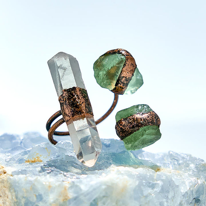 Anello regolabile in quarzo ialino e fluorite verde Olivenorma