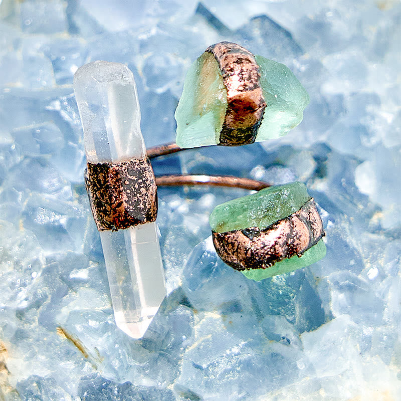 Anello regolabile in quarzo ialino e fluorite verde Olivenorma