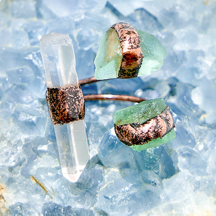 Anello regolabile in quarzo ialino e fluorite verde Olivenorma