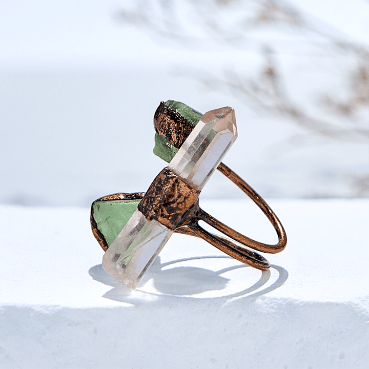 Anello regolabile in quarzo ialino e fluorite verde Olivenorma